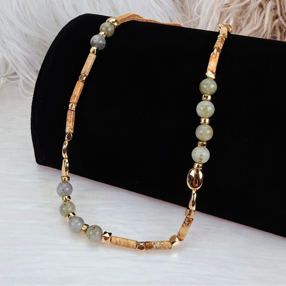 Bohemian festival chic gemstone, goldtone, faux leather double strap, necklace